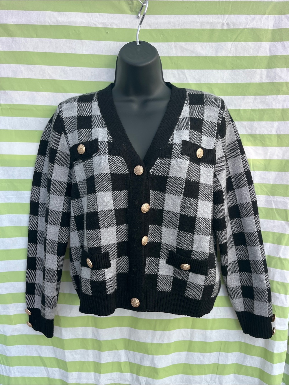 Renee C. Black & Gray Buffalo Check V-Neck Button Cardigan